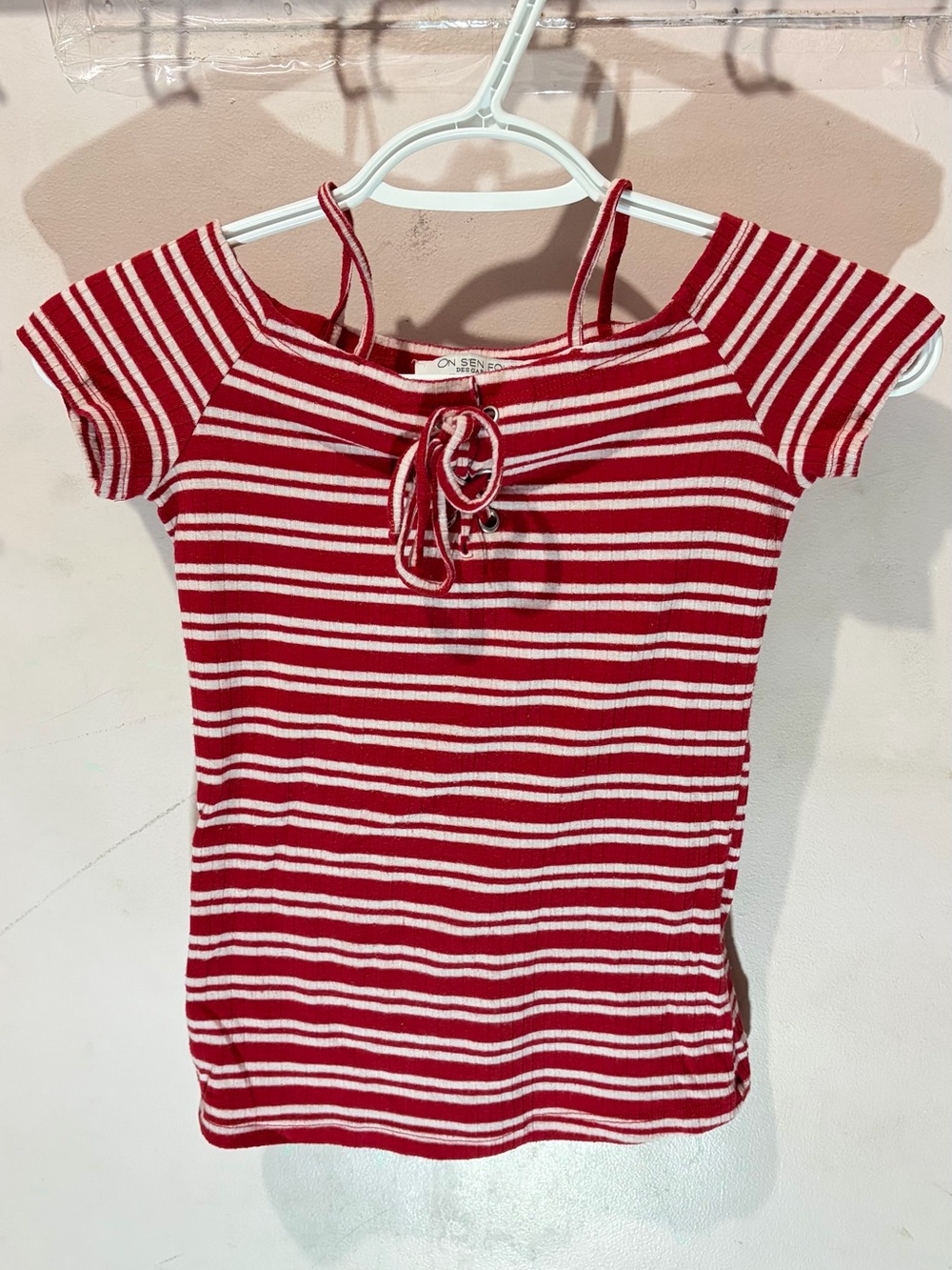 Red & White Striped Off-Shoulder Tie-Front Ribbed Top